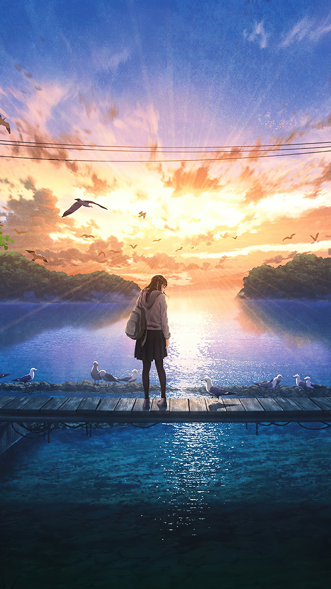 Girl on a pier watching seagulls at sunset HD Phone Wallpaper