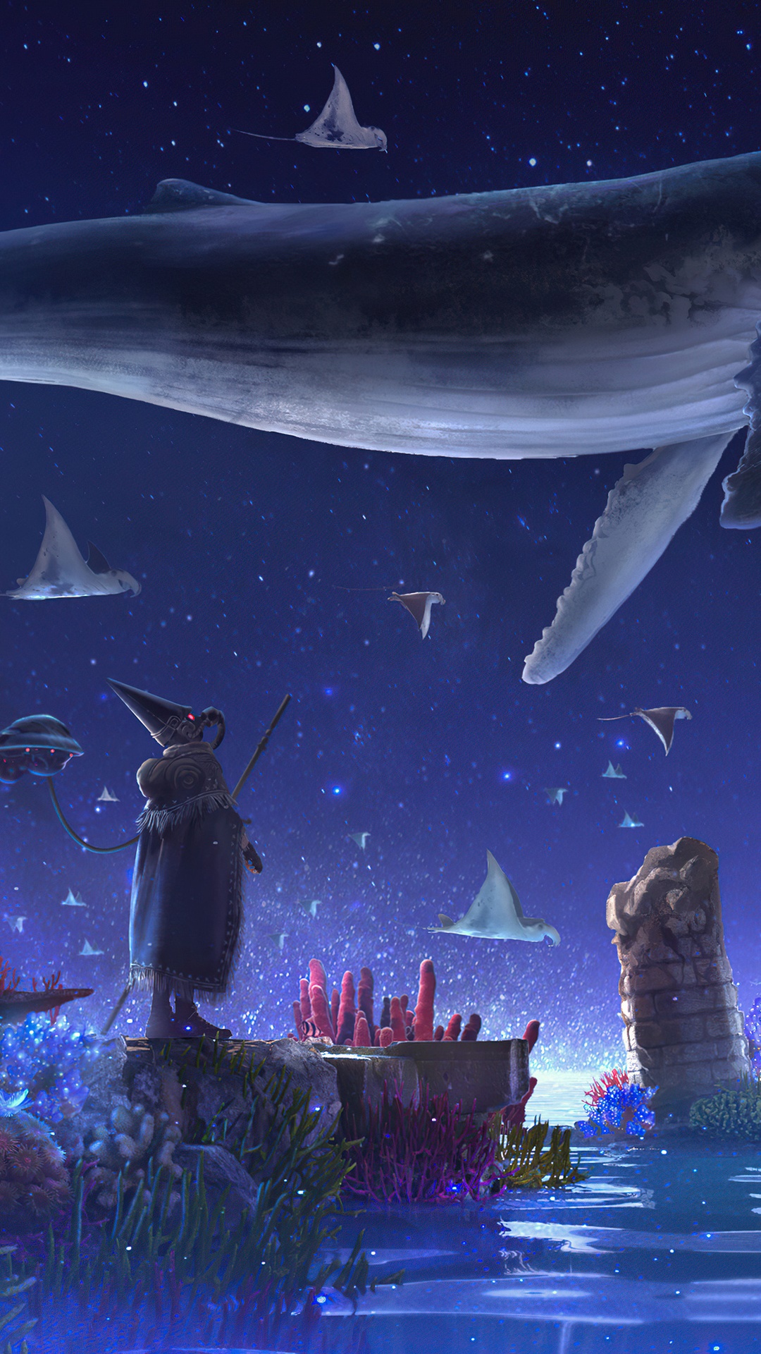 Whale and manta rays in a starry ocean HD Phone Wallpaper