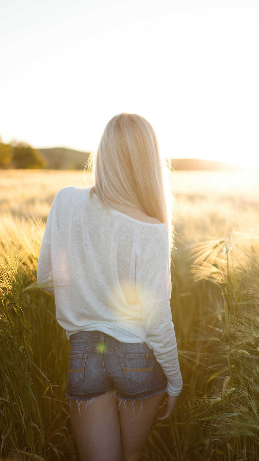 Woman in a wheat field at sunset HD Phone Wallpaper