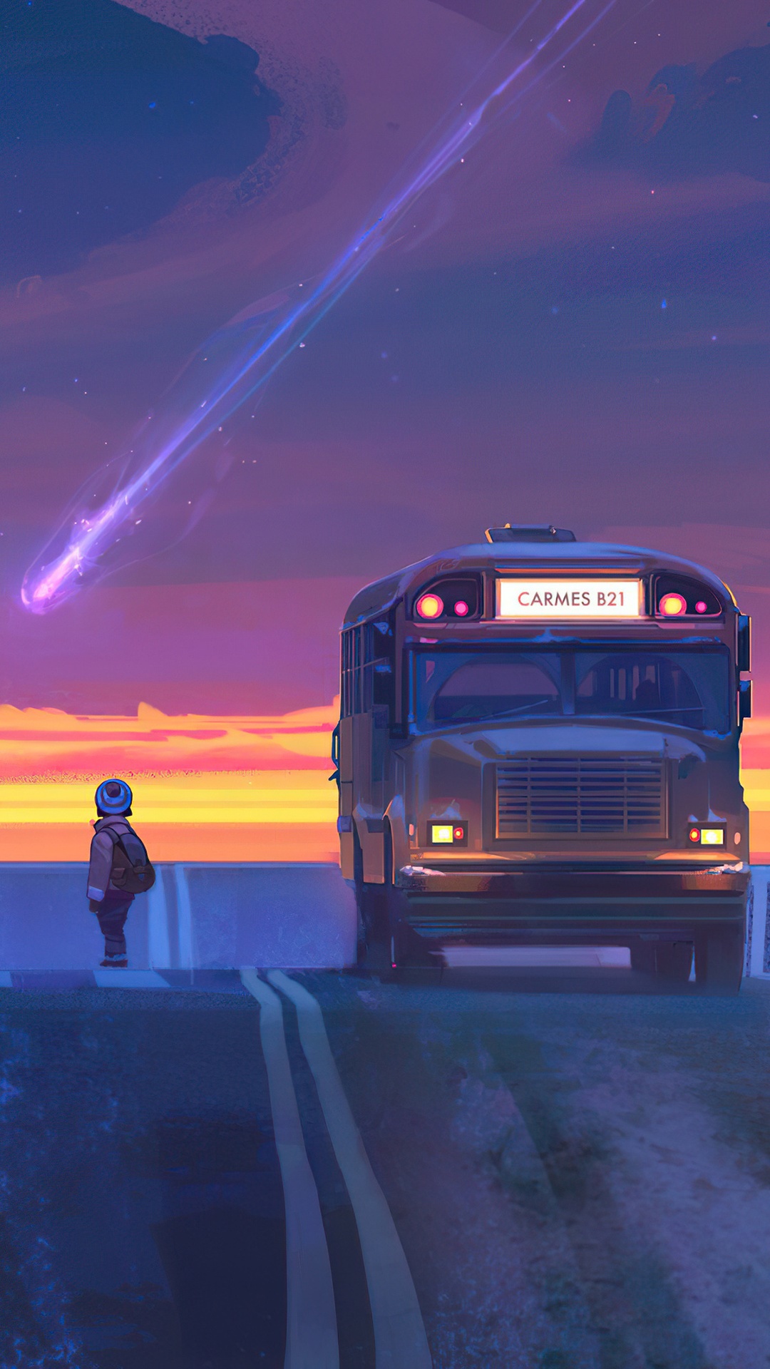 Child and School Bus Under a Meteor Shower HD Phone Wallpaper