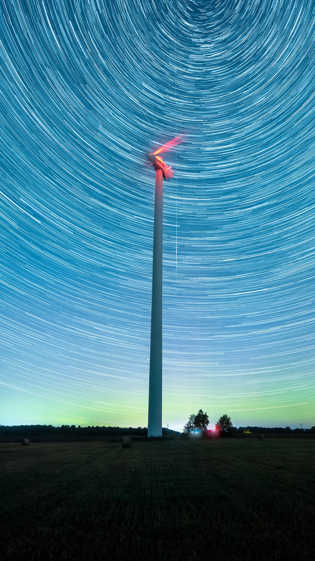 Windmill under star trails with aurora HD Phone Wallpaper
