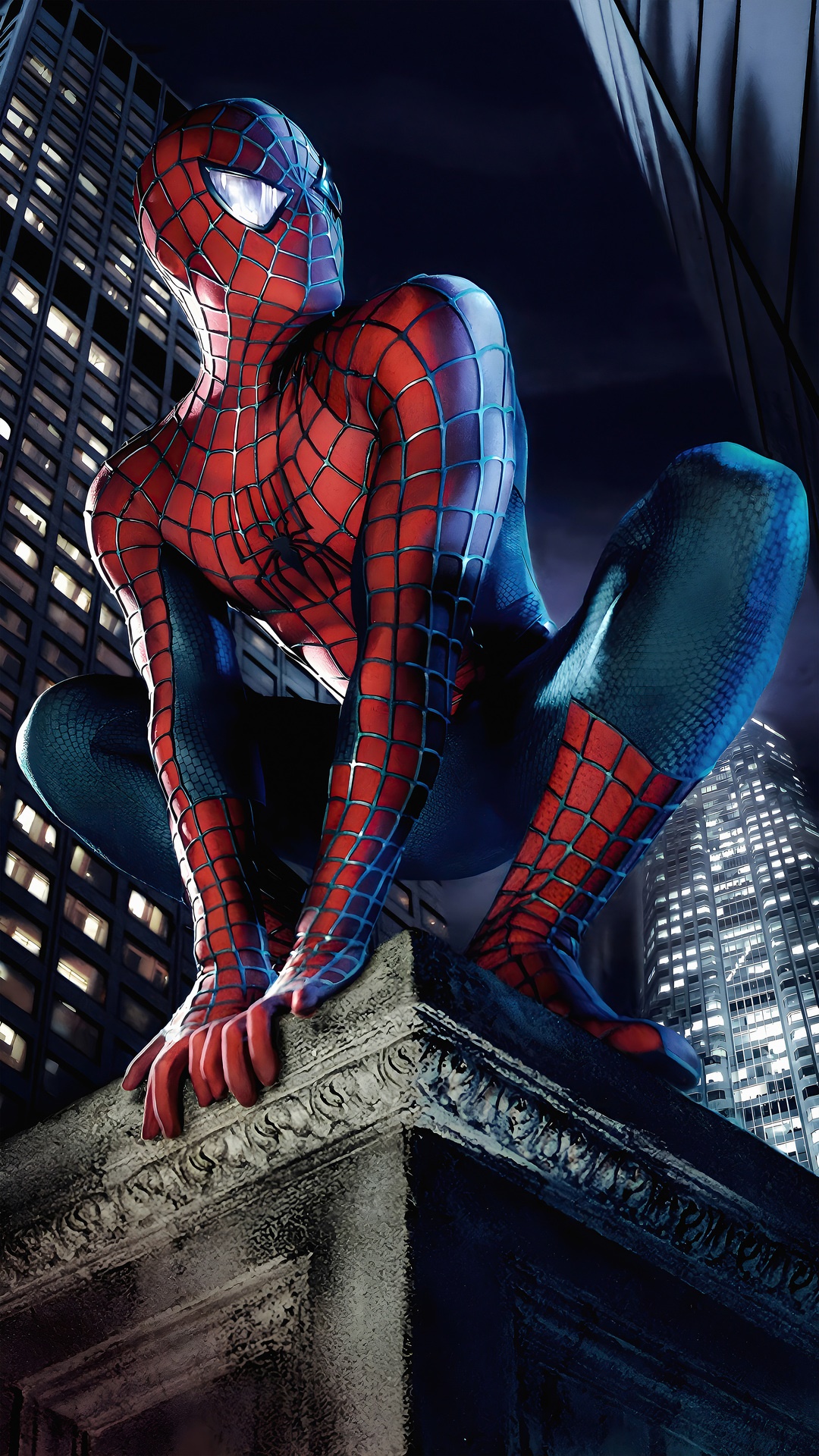 Spider-Man crouches on a building ledge at night HD Phone Wallpaper