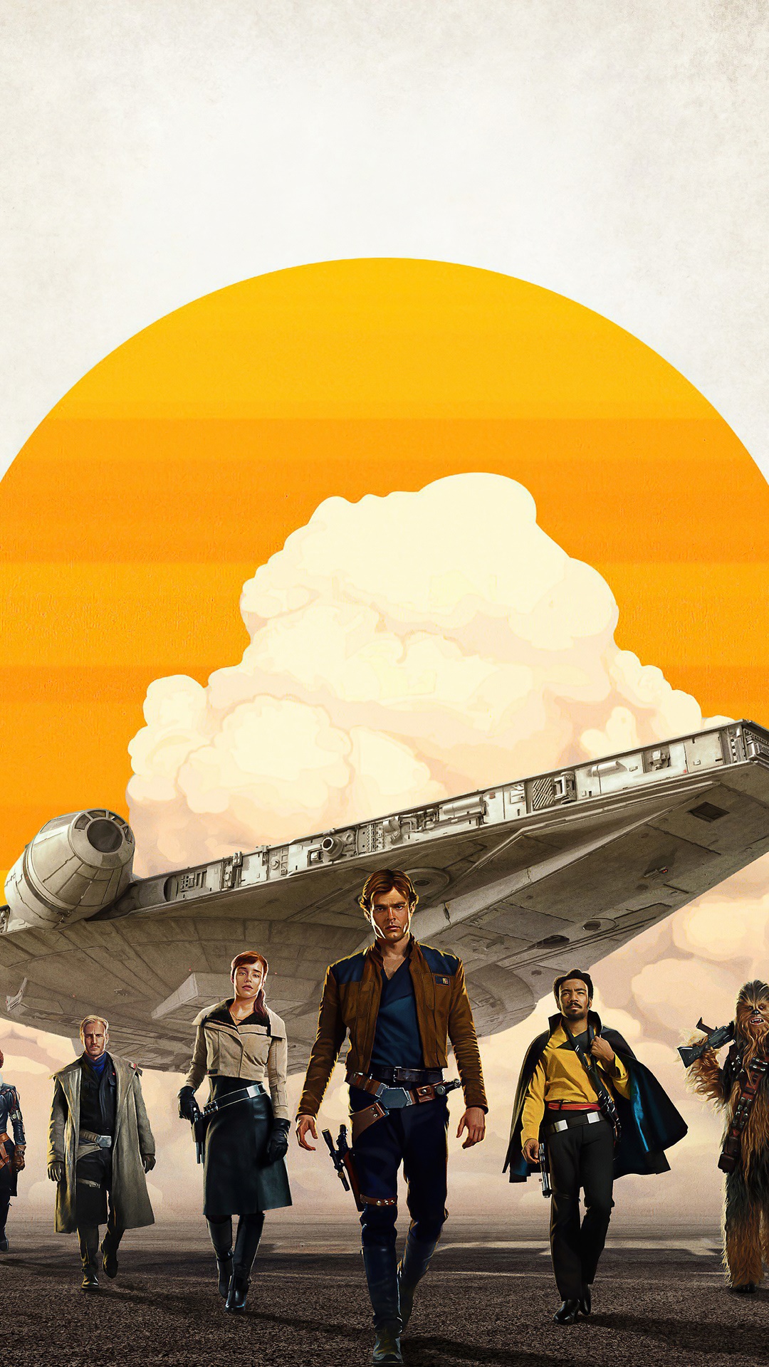 Solo: A Star Wars Story characters with Millennium Falcon HD Phone Wallpaper