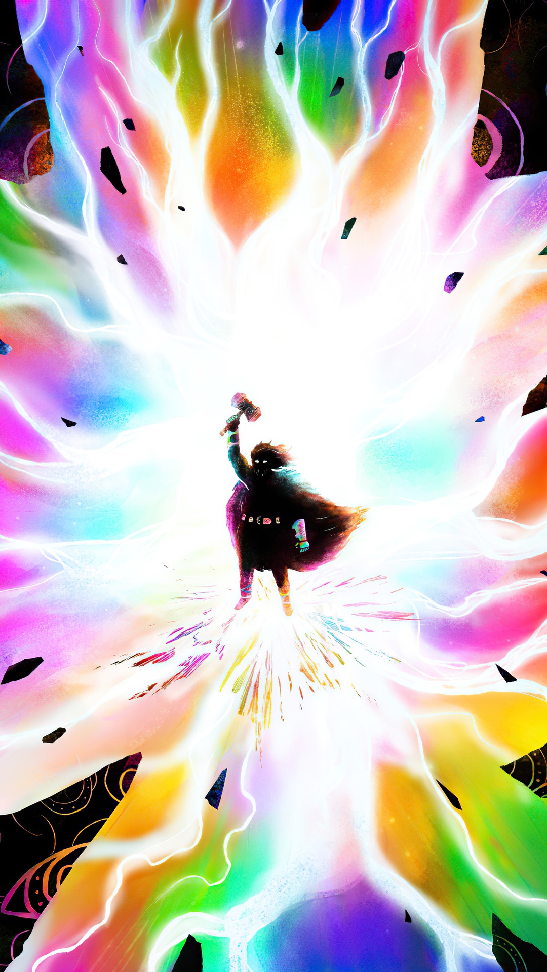 Thor with Mjolnir in a Rainbow Energy Explosion 4K HD Phone Wallpaper