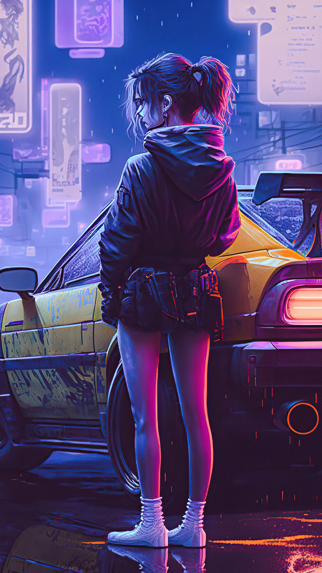 Girl in cyberpunk city with yellow car HD Phone Wallpaper