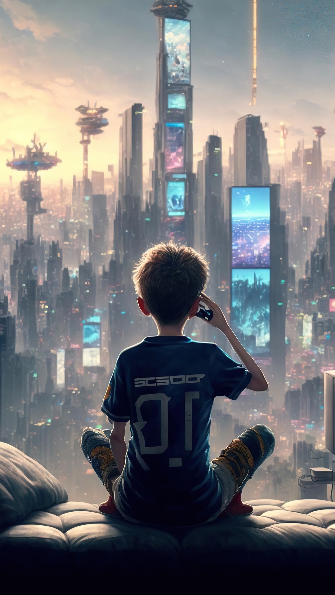 Cyberpunk boy on phone looking at futuristic city HD Phone Wallpaper
