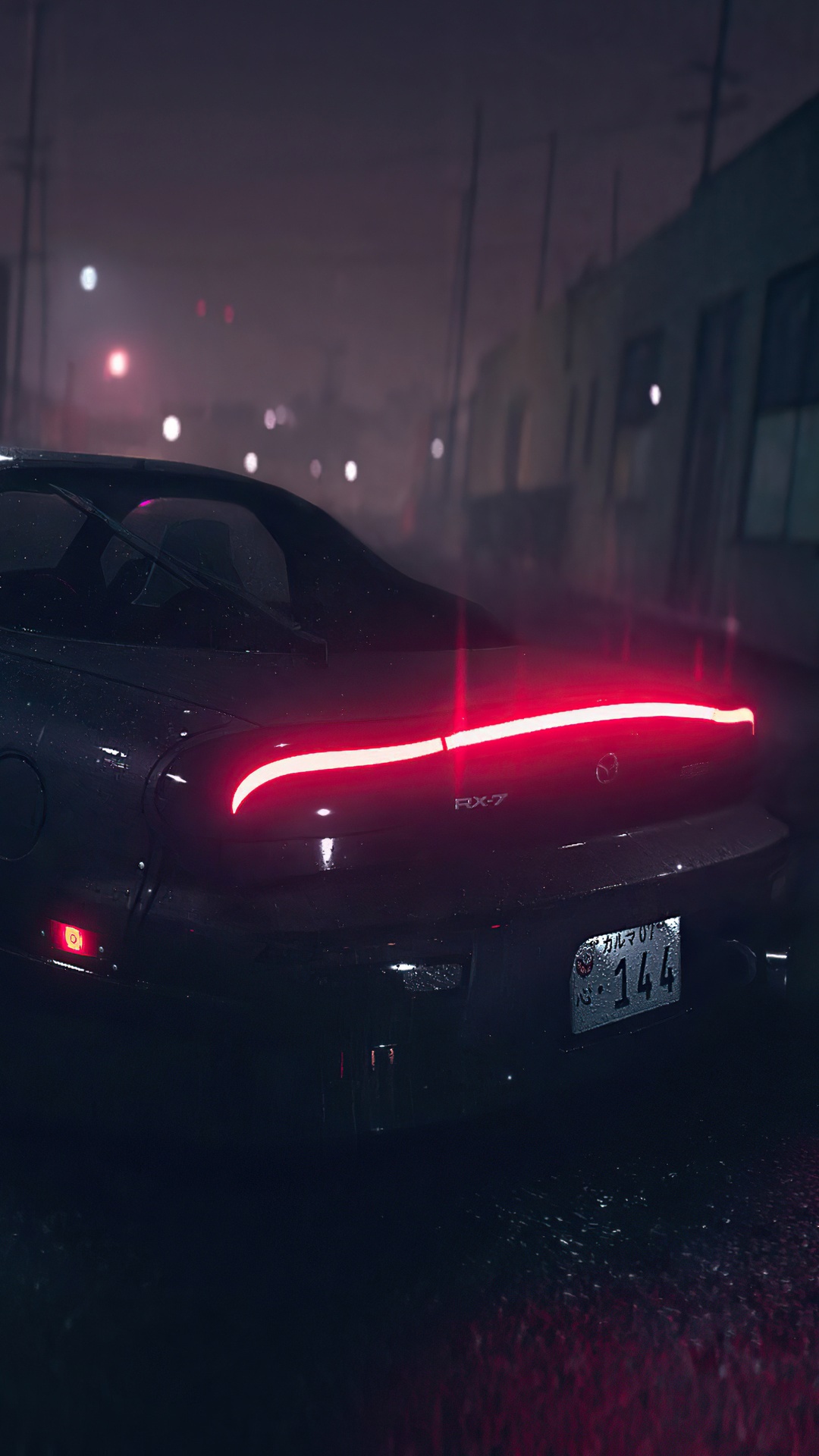 Mazda RX-7 in a rainy city at night HD Phone Wallpaper