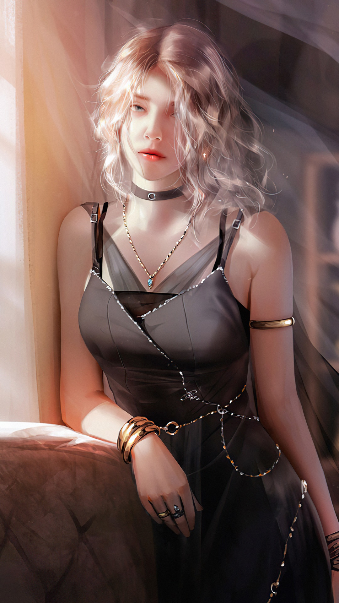 Digital art of a woman in a black dress HD Phone Wallpaper