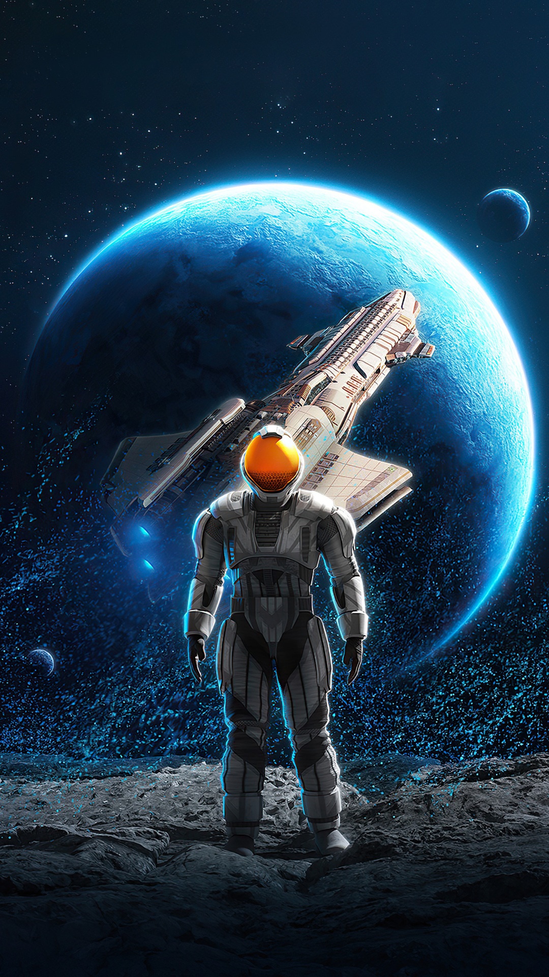 Astronaut and spaceship near a blue planet HD Phone Wallpaper