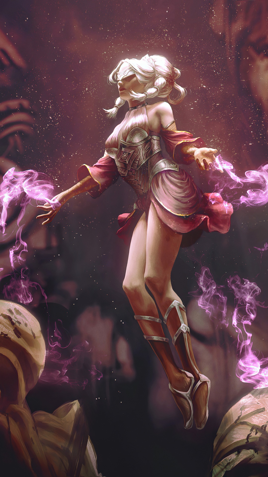 Fantasy girl with white hair and blindfold using magic HD Phone Wallpaper