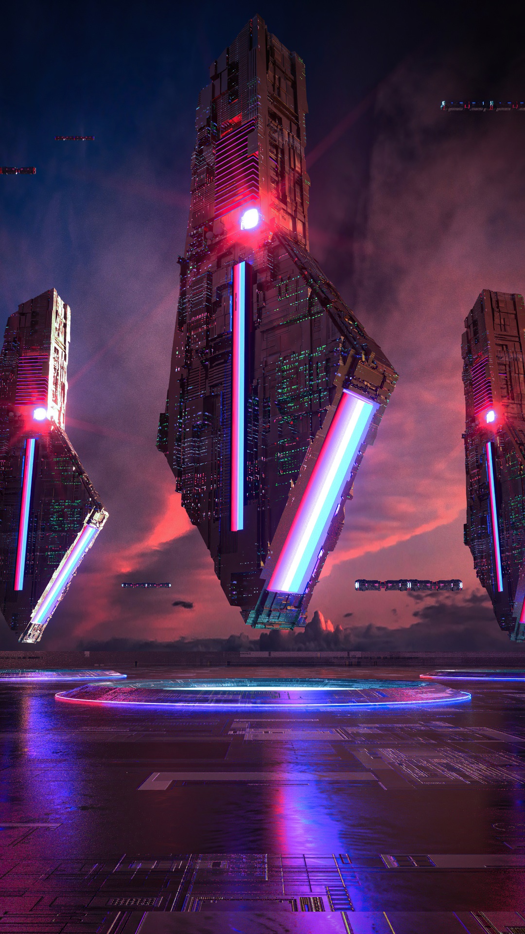 Digital Art of Futuristic Cityscape with Flying Structures HD Phone Wallpaper