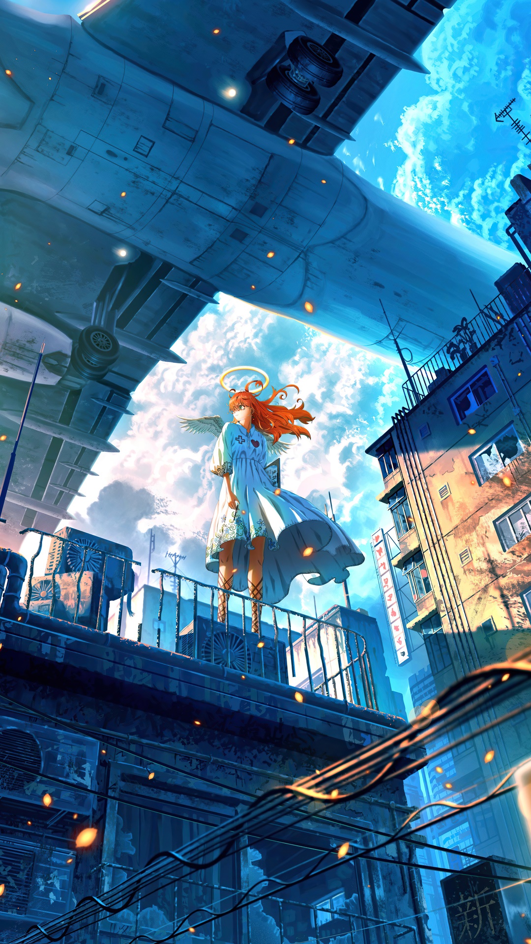 Anime girl with halo and wings on a rooftop HD Phone Wallpaper