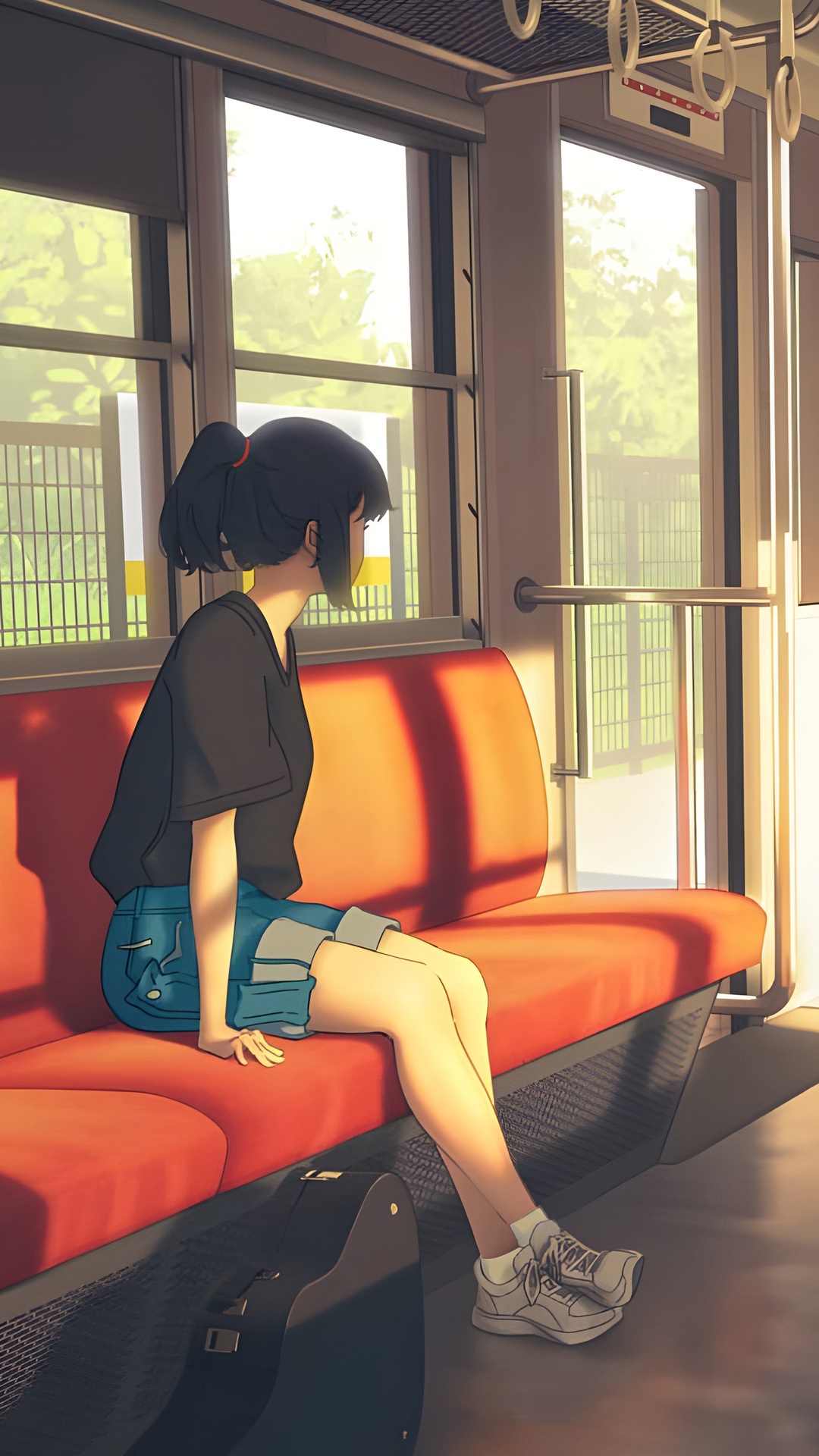 Anime girl on a train with a guitar case HD Phone Wallpaper