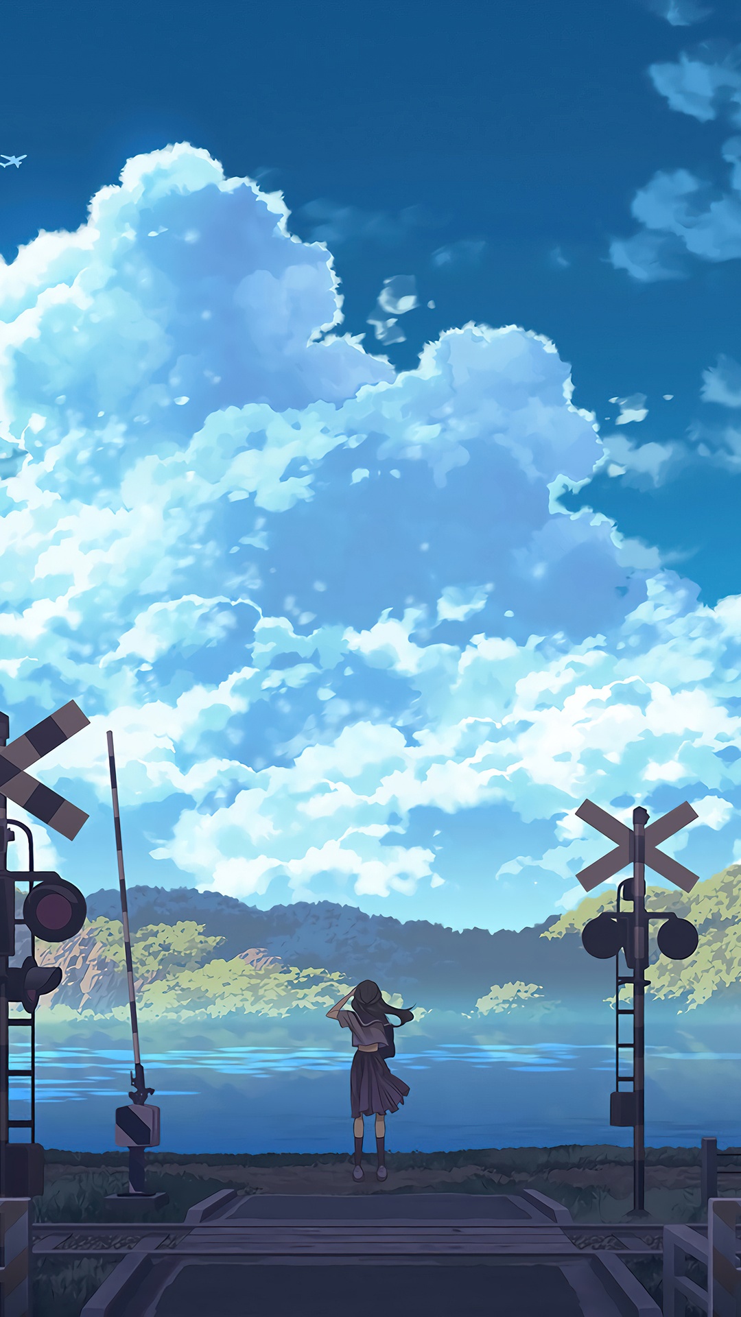 Anime girl at railroad crossing with clouds HD Phone Wallpaper