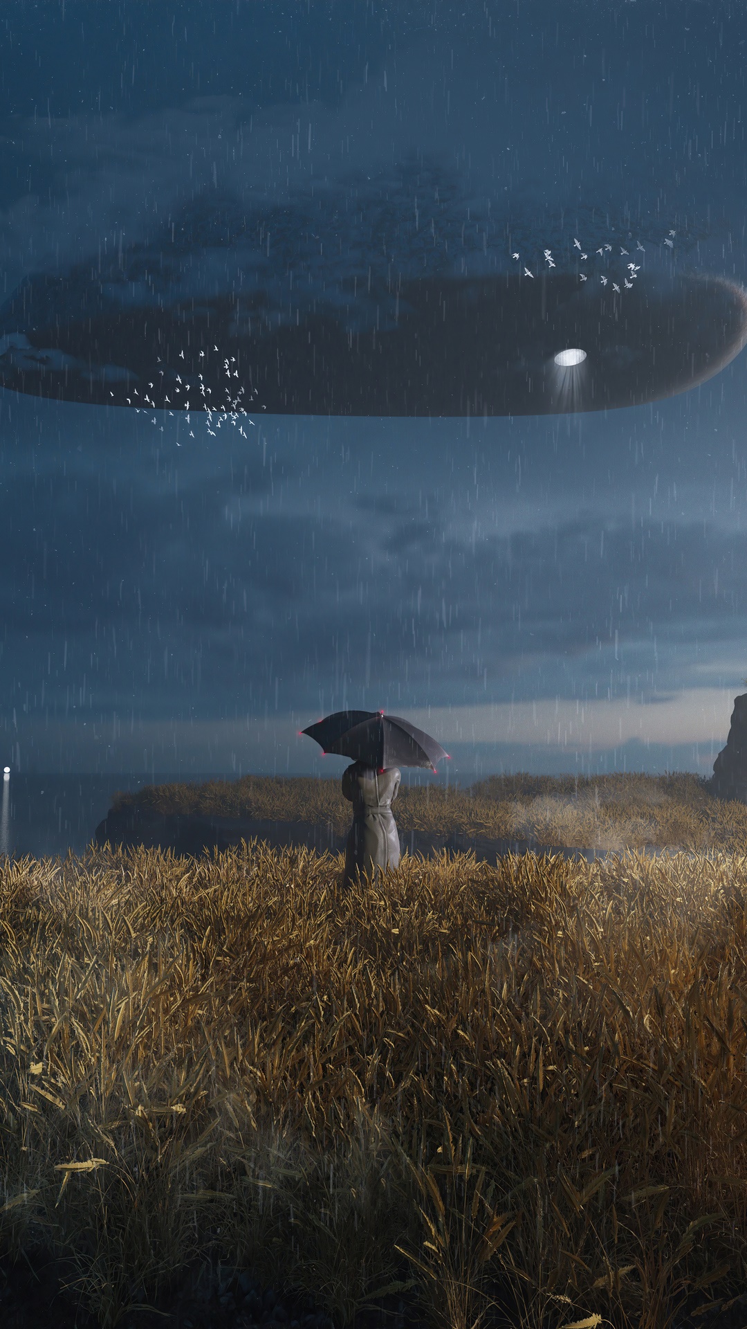 Sci-fi artwork of a UFO hovering over a person with an umbrella HD Phone Wallpaper
