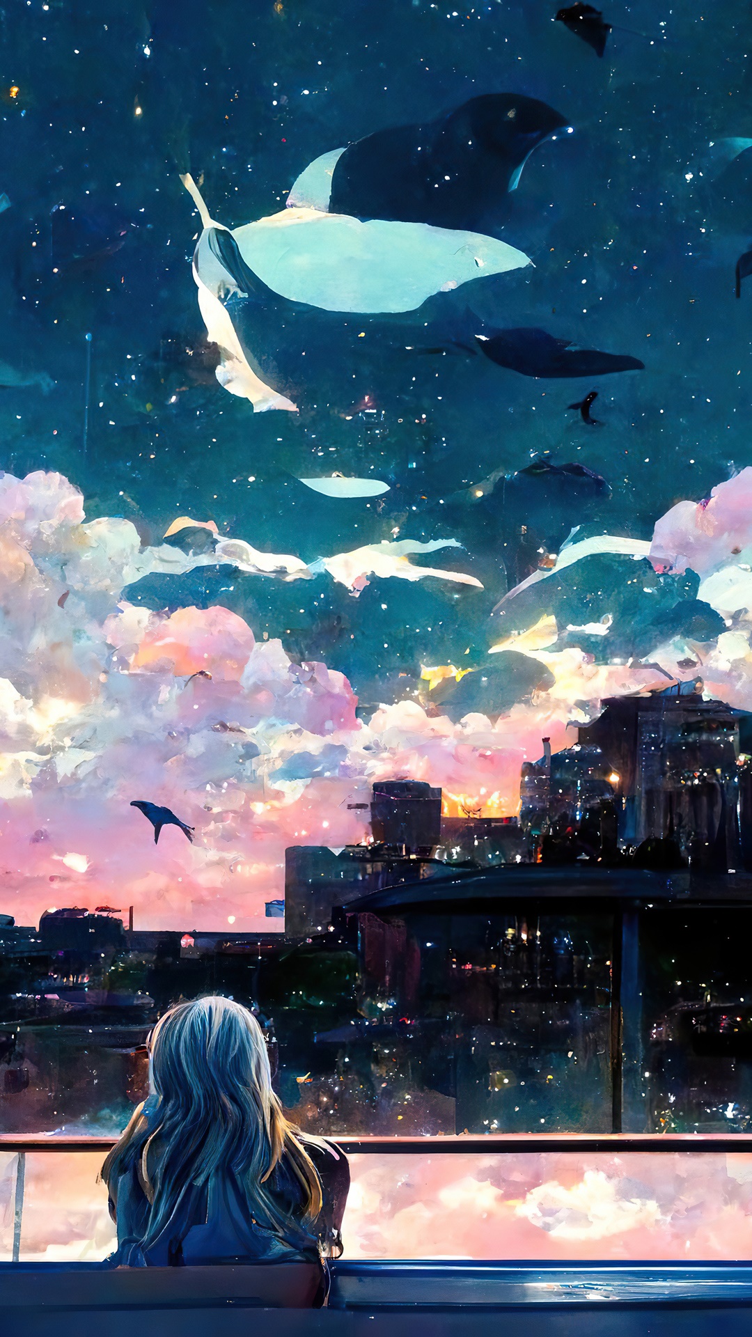 Digital Art of Whales and Clouds Over Cityscape HD Phone Wallpaper