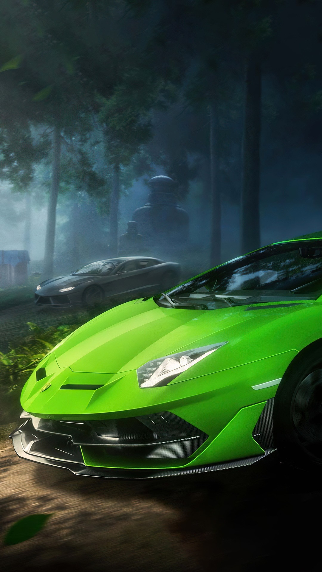 Green Lamborghini Aventador SVJ in a Forest HD Phone Wallpaper