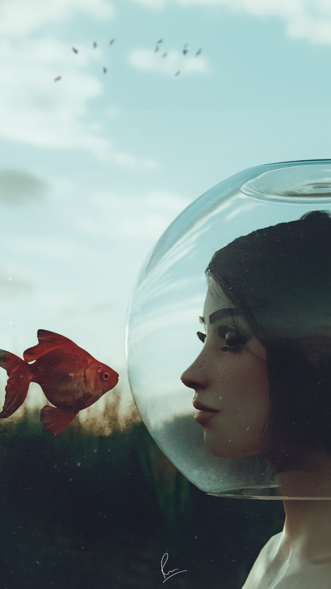 Digital art of a girl in a fishbowl helmet with a goldfish HD Phone Wallpaper