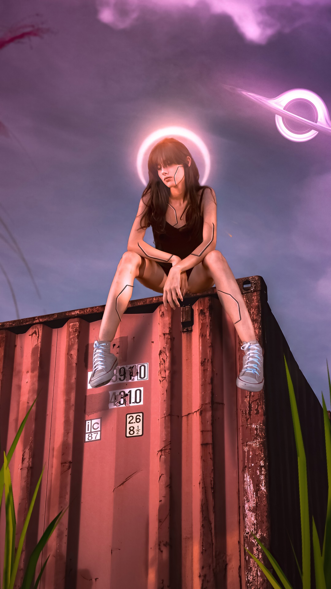 Digital art of a woman with a halo and cybernetic markings HD Phone Wallpaper