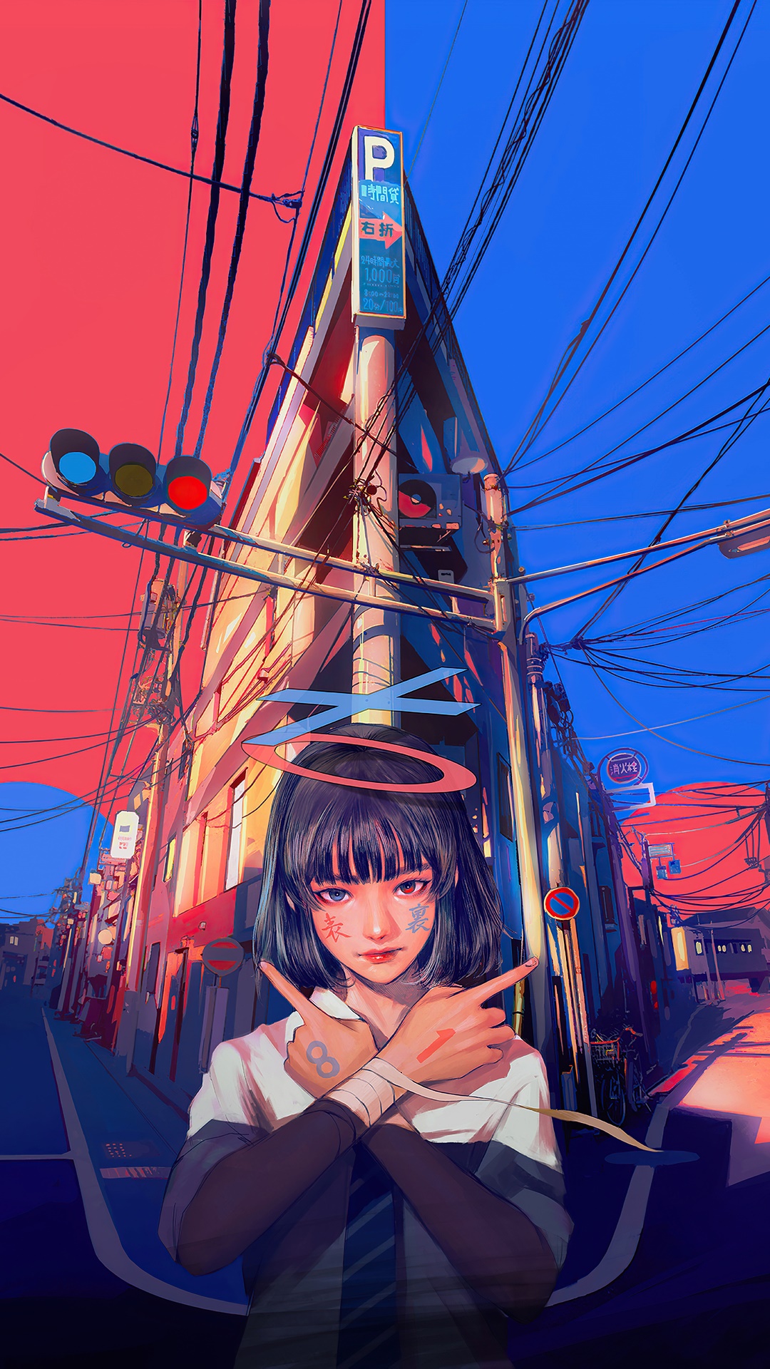 Anime girl with halo and tattoos in a city street HD Phone Wallpaper