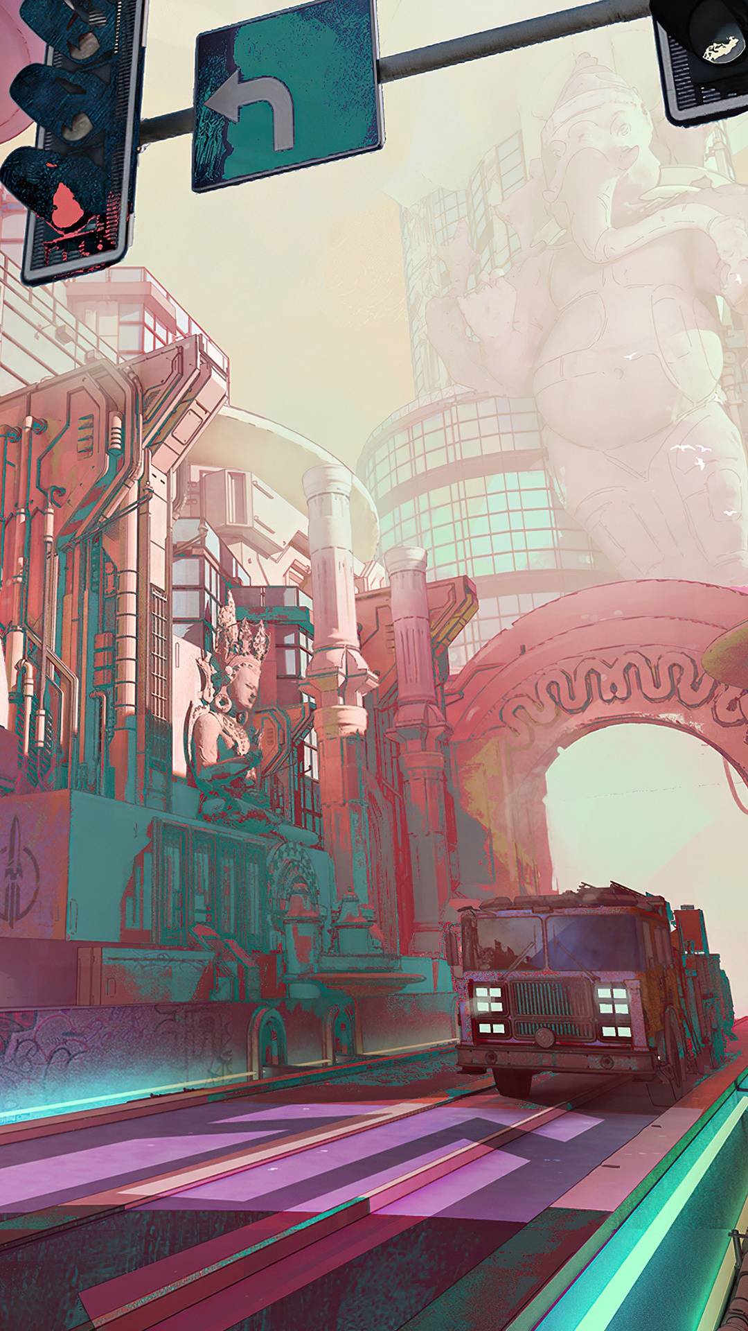 Digital Art of a Futuristic Cityscape with Statues and a Truck HD Phone Wallpaper