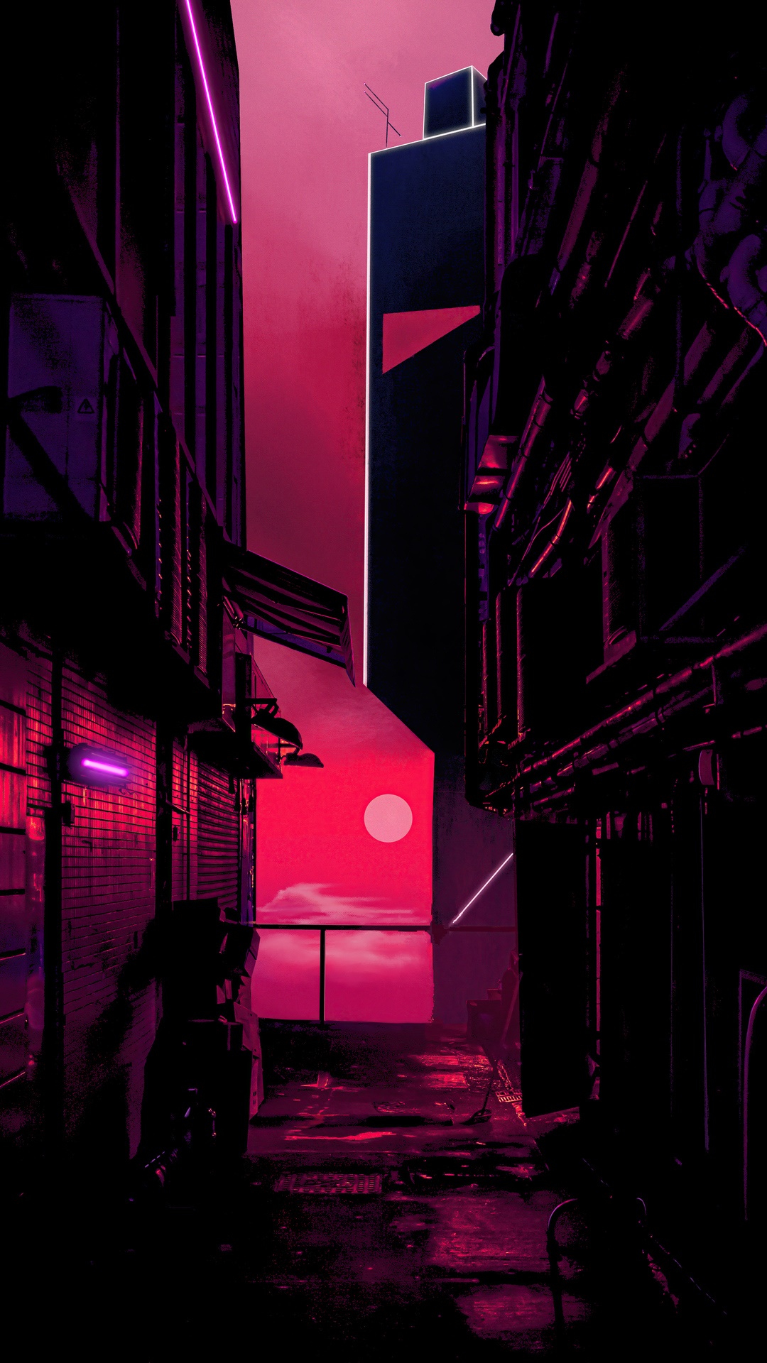 Cyberpunk alley at sunset with neon lights HD Phone Wallpaper