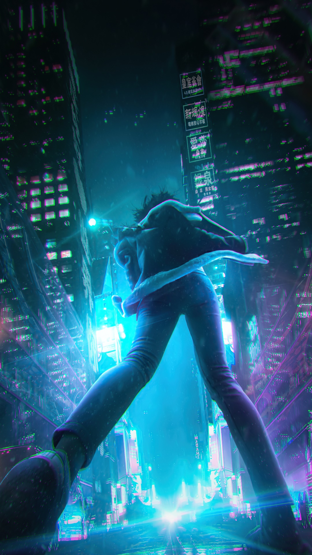 Cyberpunk Cityscape with a Person HD Phone Wallpaper