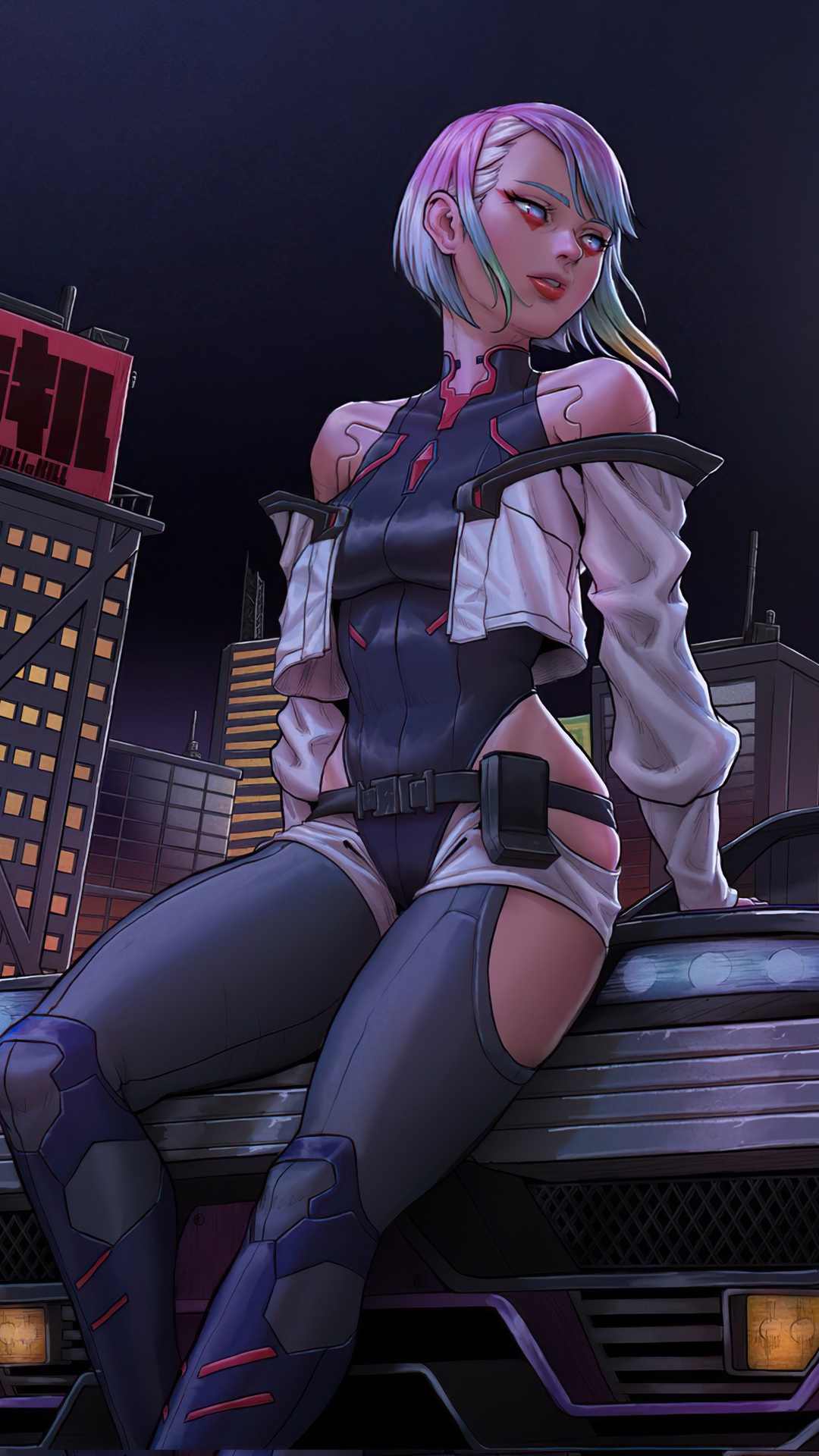Lucy from Cyberpunk Edgerunners sitting on a car HD Phone Wallpaper