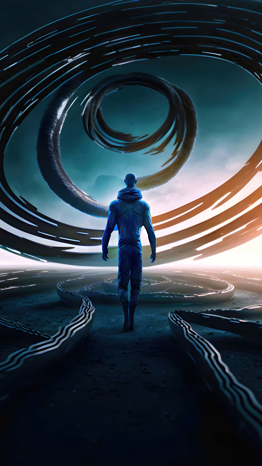 Man walking through abstract digital art HD Phone Wallpaper