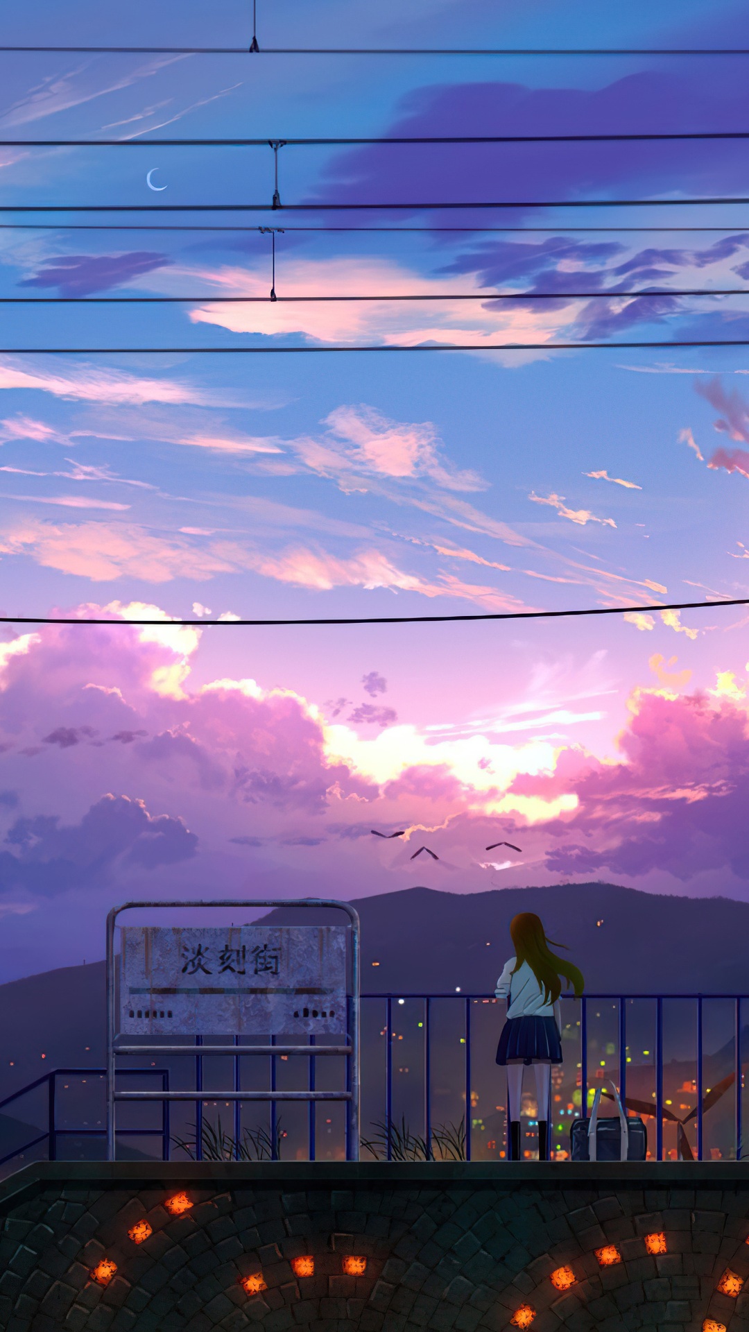 Anime girl on a bridge overlooking a city at sunset HD Phone Wallpaper