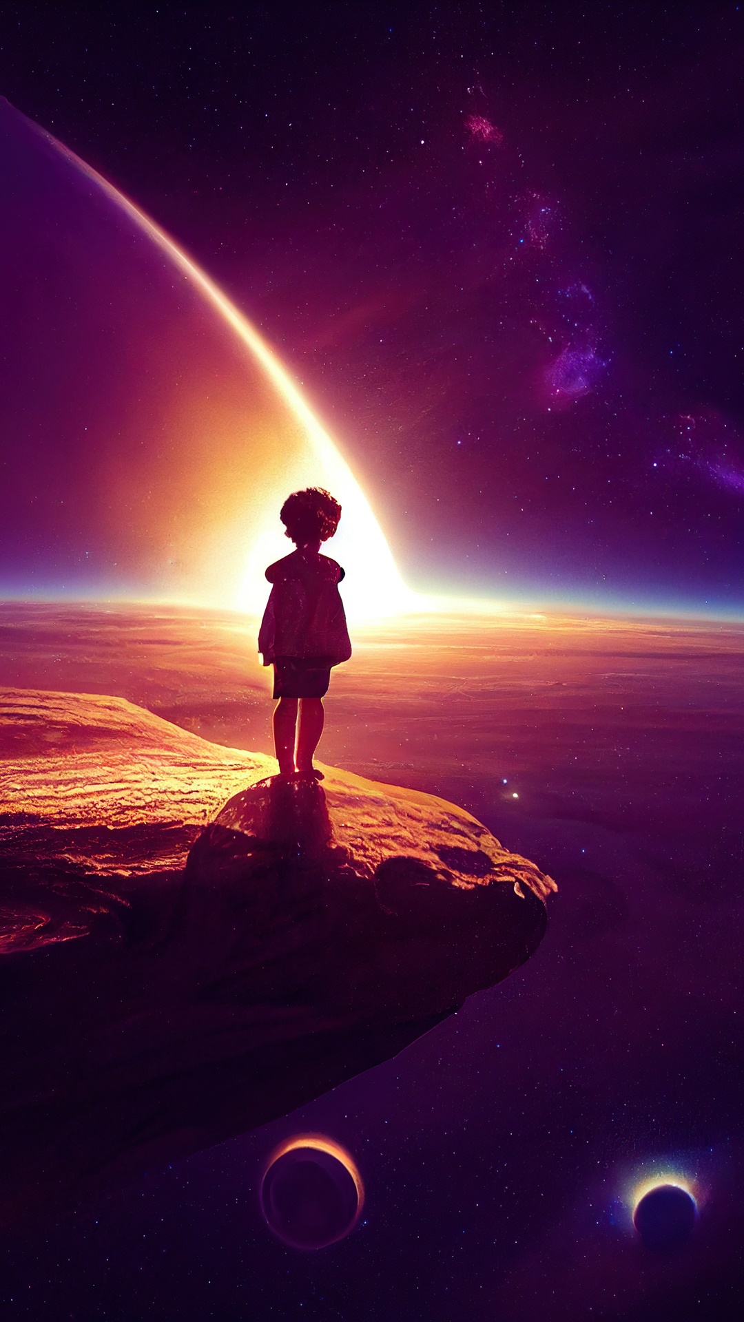Child standing on a rock overlooking a cosmic landscape HD Phone Wallpaper