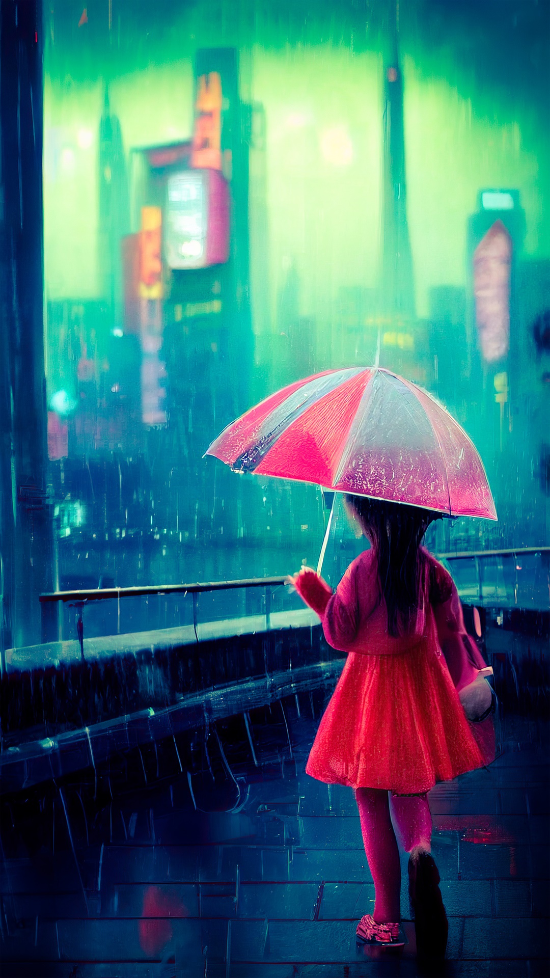 Girl with umbrella in neon rain HD Phone Wallpaper