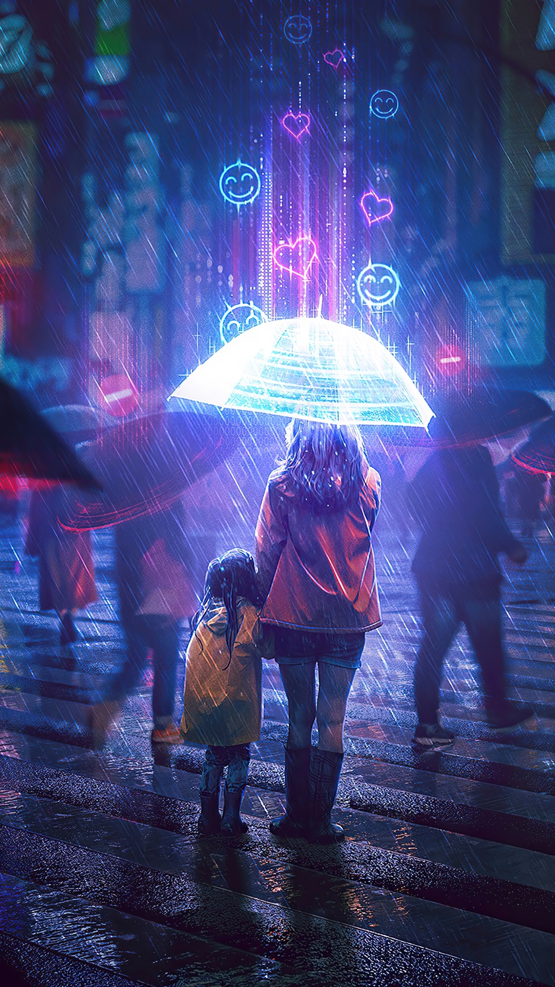 Mother and daughter under umbrella in digital art HD Phone Wallpaper