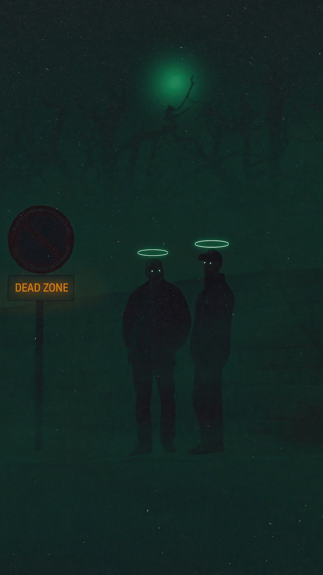 Two figures with halos in a dead zone HD Phone Wallpaper
