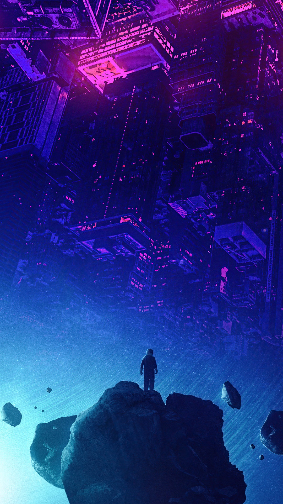 Astronaut standing on asteroid overlooking city HD Phone Wallpaper