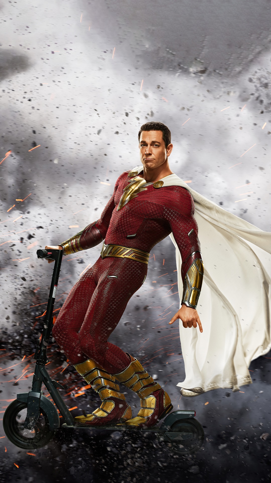 Shazam rides a scooter amidst explosions HD Phone Wallpaper