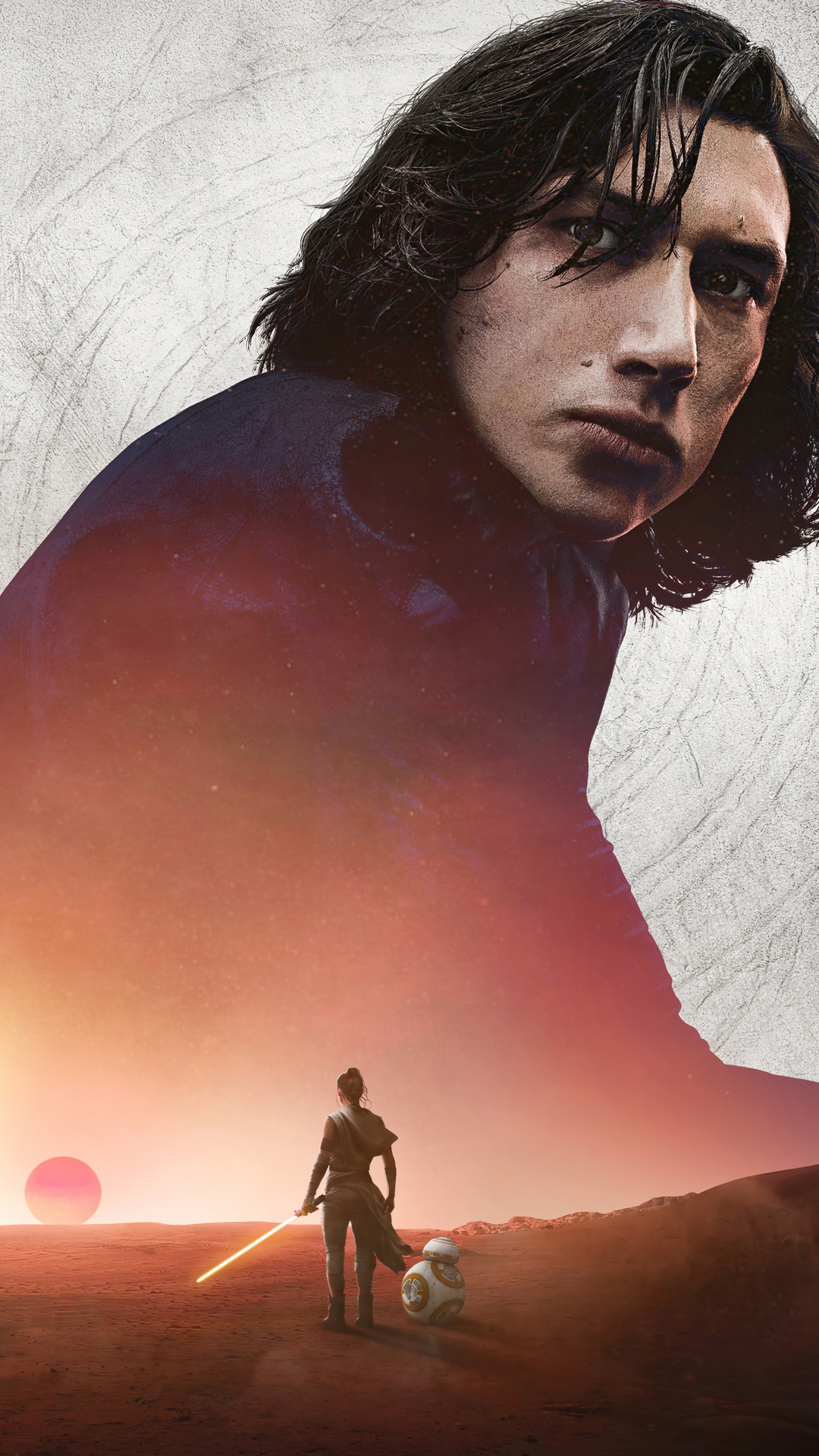 Star Wars: Rey and BB-8 on a desert planet with Kylo Ren HD Phone Wallpaper