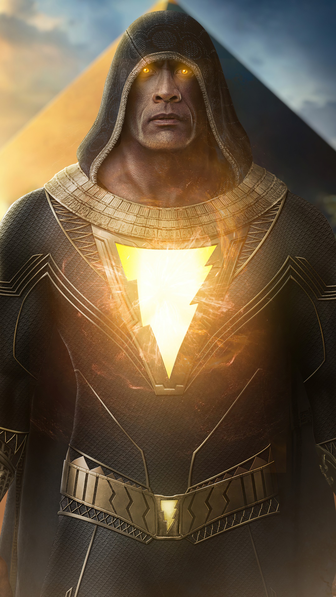 Black Adam with glowing eyes and pyramid background HD Phone Wallpaper