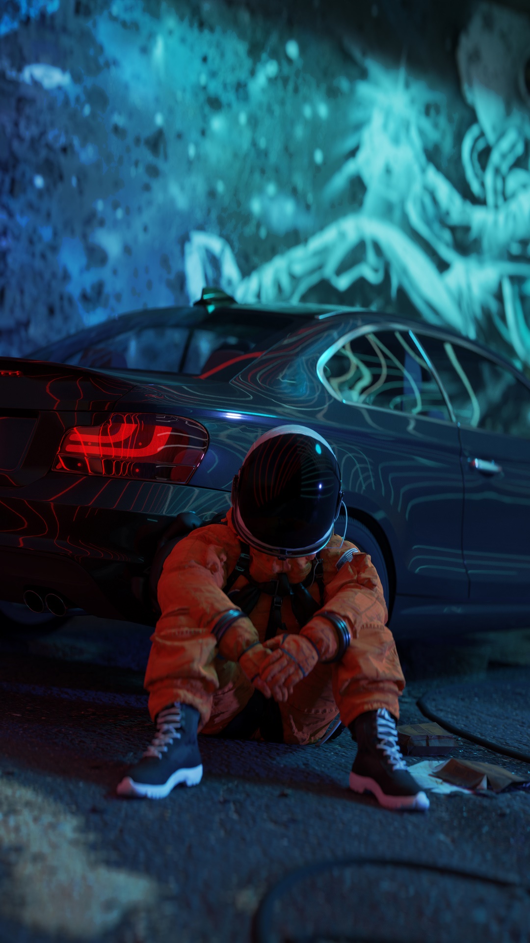 Astronaut sitting next to a car with graffiti HD Phone Wallpaper