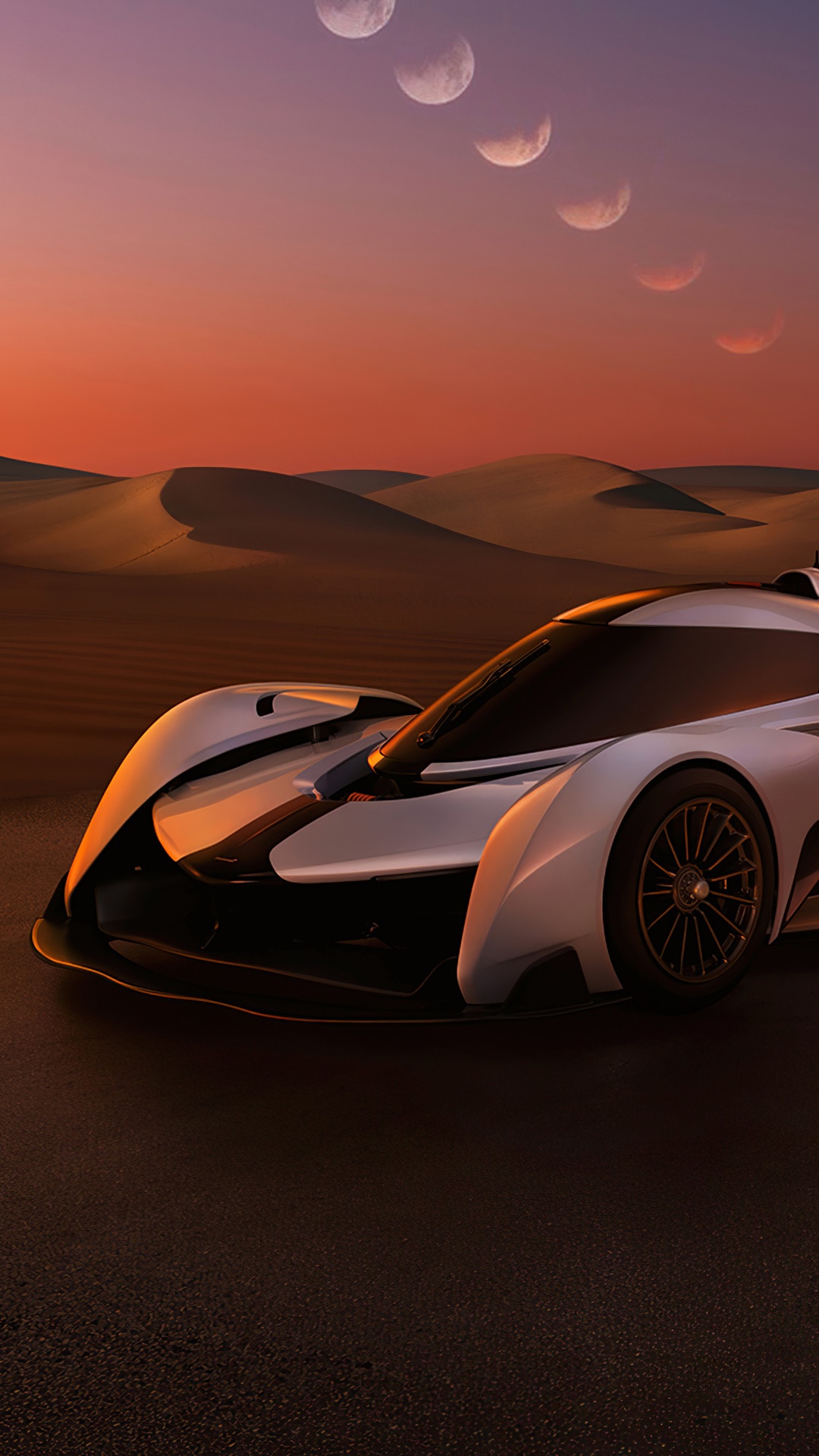 McLaren Solus GT in a desert at sunset HD Phone Wallpaper