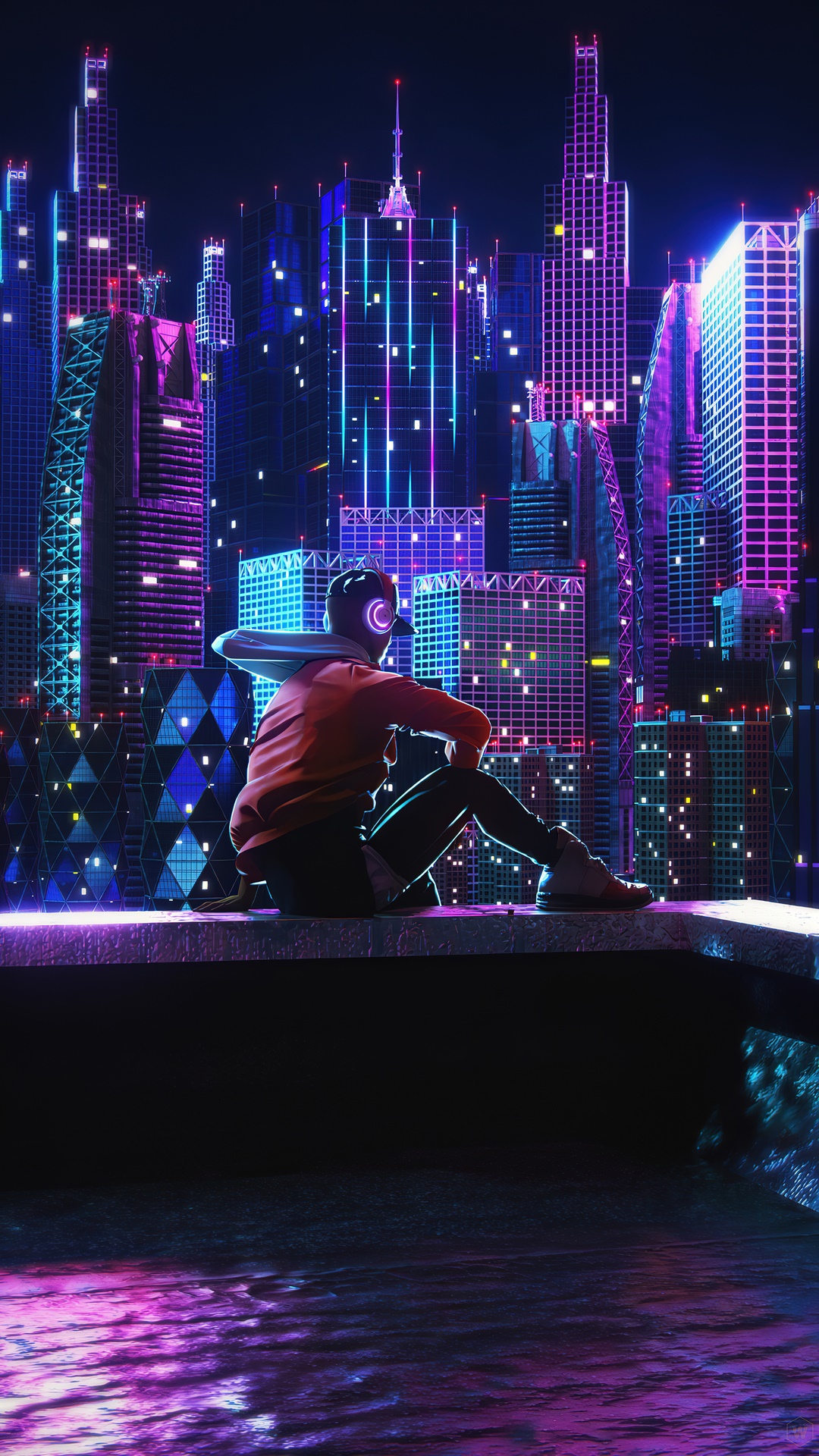 Person sitting on a ledge overlooking a neon city at night HD Phone Wallpaper