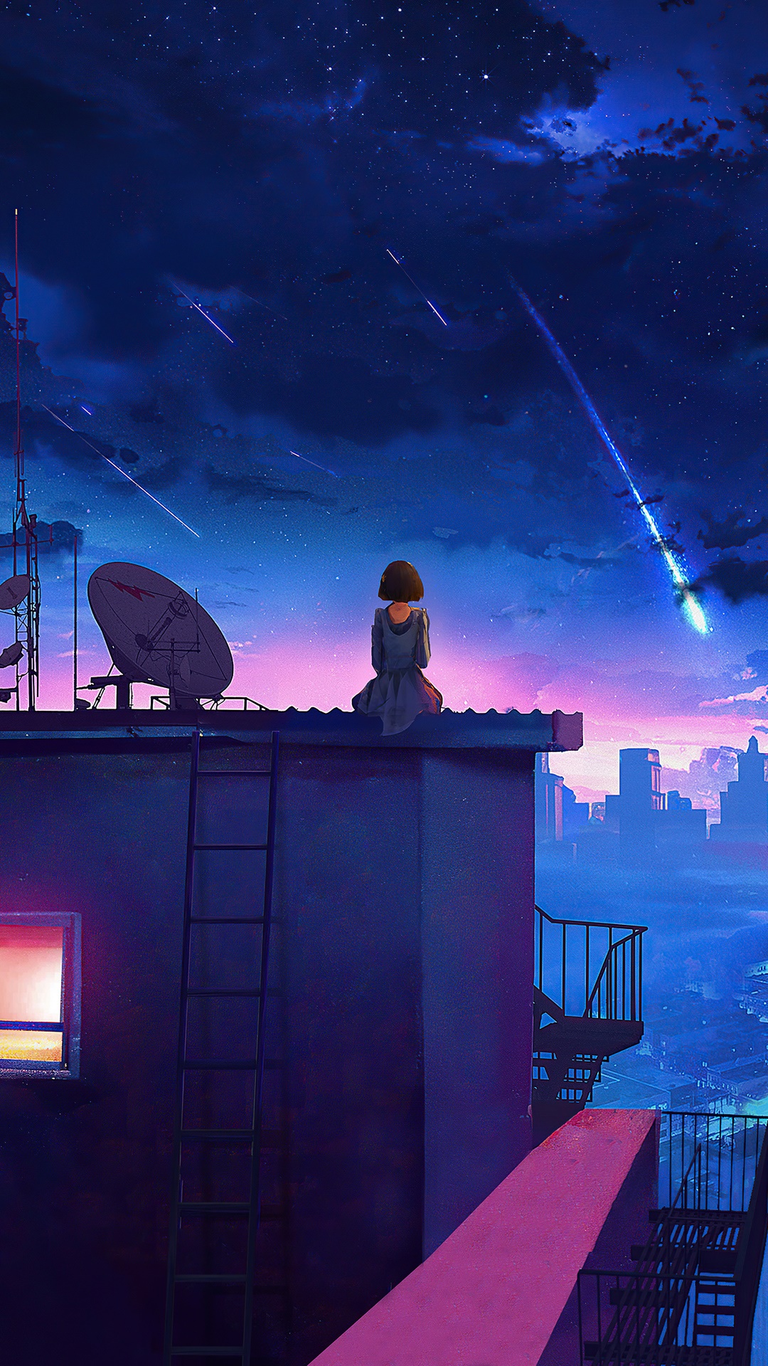 Girl on a rooftop watching shooting stars HD Phone Wallpaper