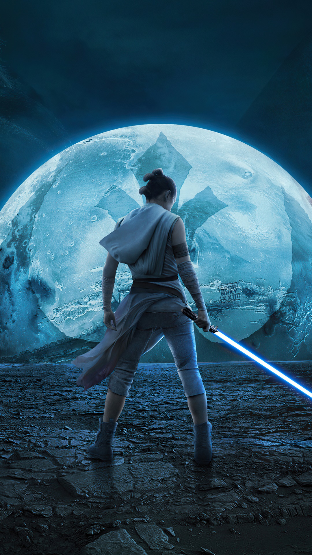 Rey with blue lightsaber in front of moon in Star Wars HD Phone Wallpaper
