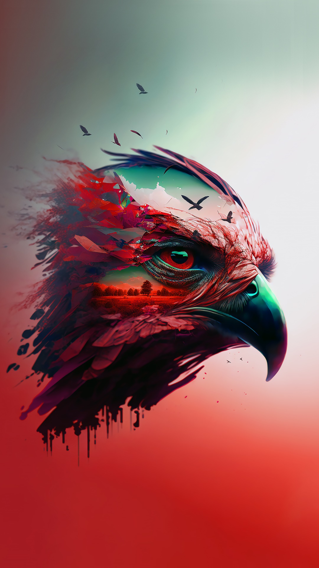Digital art of an eagle with a landscape in its eye HD Phone Wallpaper