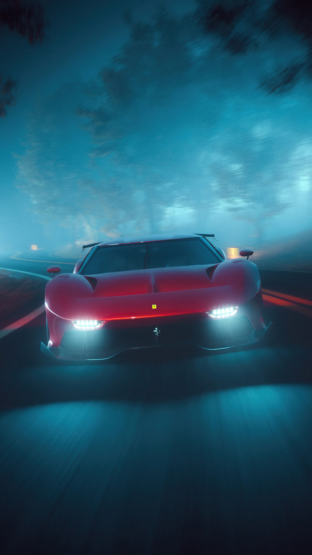 Red Ferrari P80 C driving on a foggy road HD Phone Wallpaper