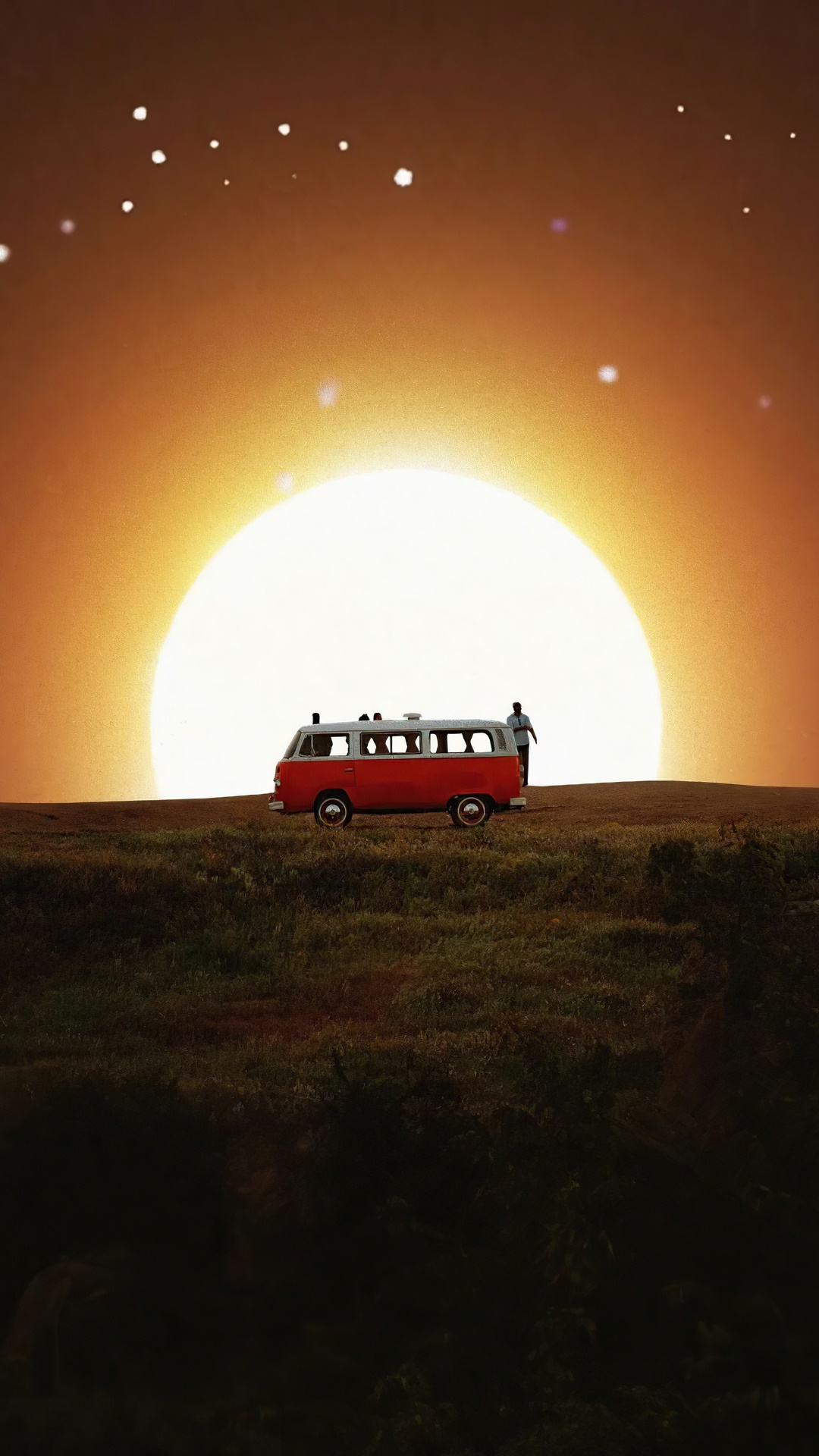 Red van on a grassy hill with a large sun HD Phone Wallpaper