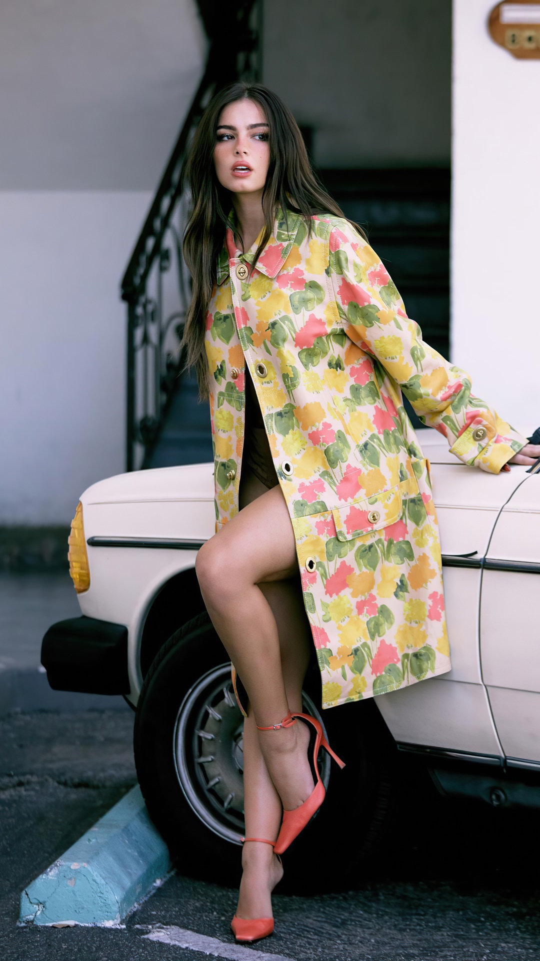 Addison Rae poses by a vintage car HD Phone Wallpaper