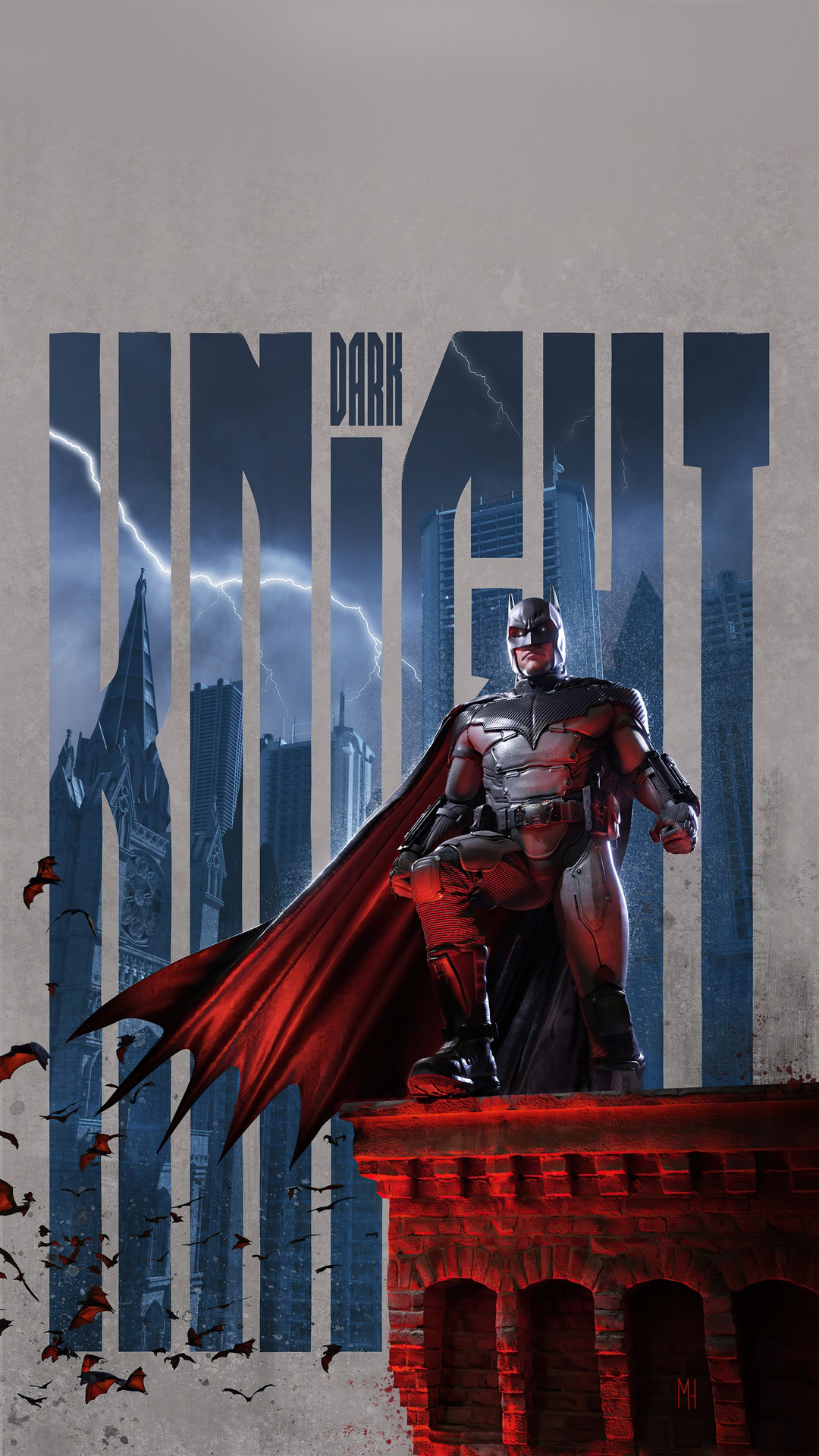 The Dark Knight Artwork with Batman and Cityscape HD Phone Wallpaper