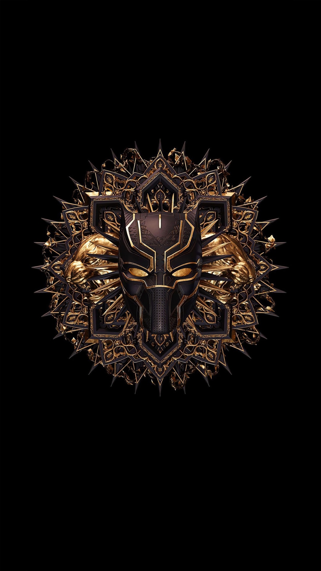 Black Panther Mask with Golden Mandala HD Phone Wallpaper