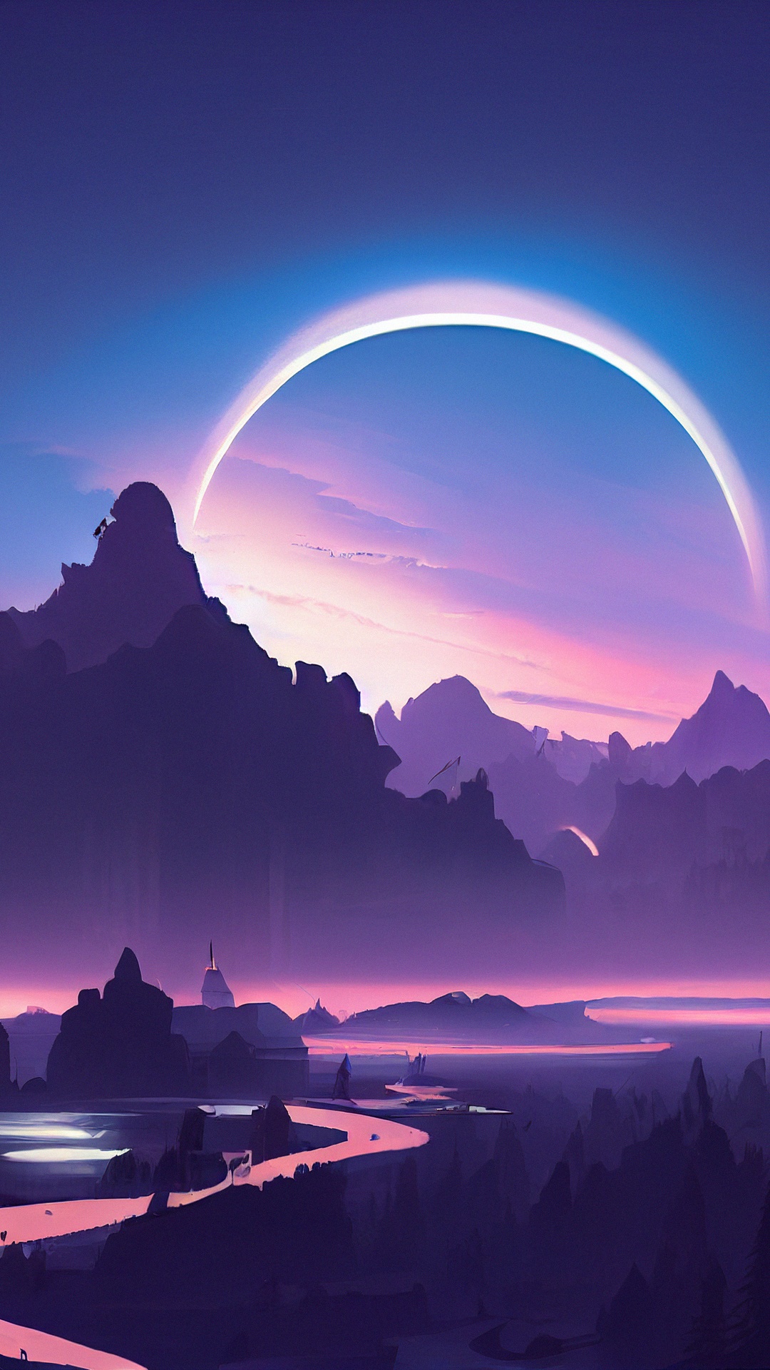 Digital Art Landscape with Mountains and River HD Phone Wallpaper